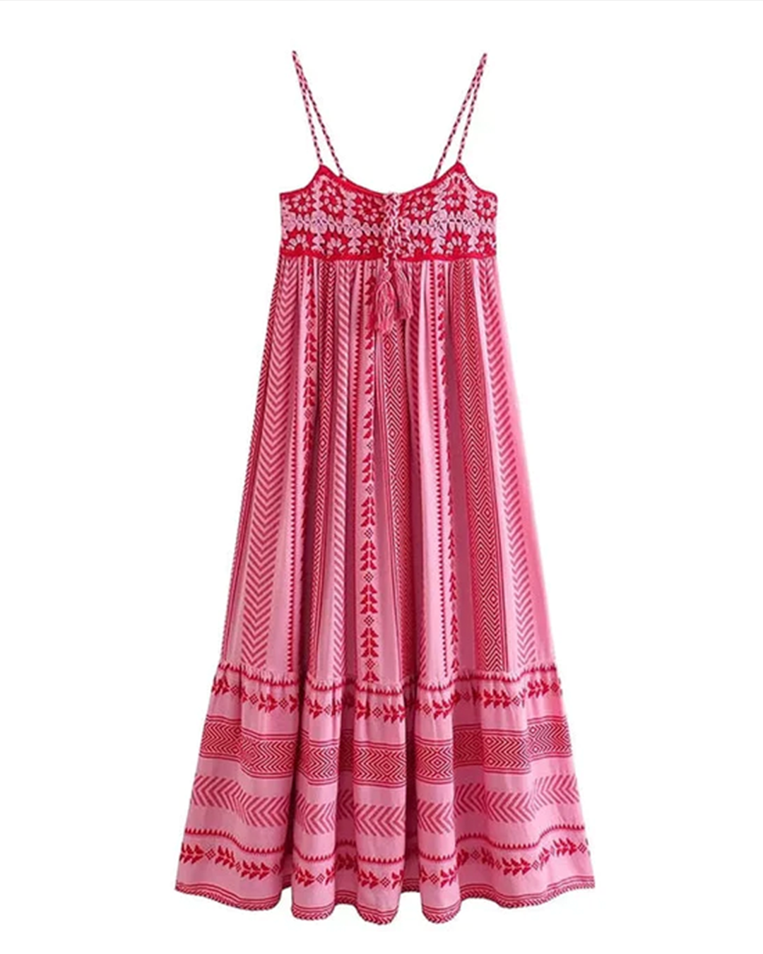 Naomi Patterned Embroidered Lace Up Cami Midi-Length Dress