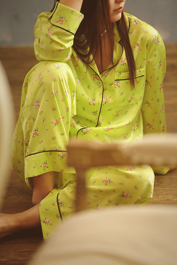 Fluorescent Green Flower Long Sleeve Pajama Set