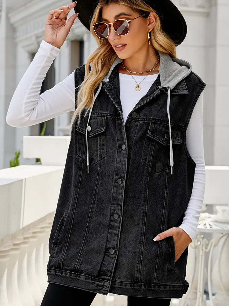 Lightweight Denim Vest with Hood and Button Closure