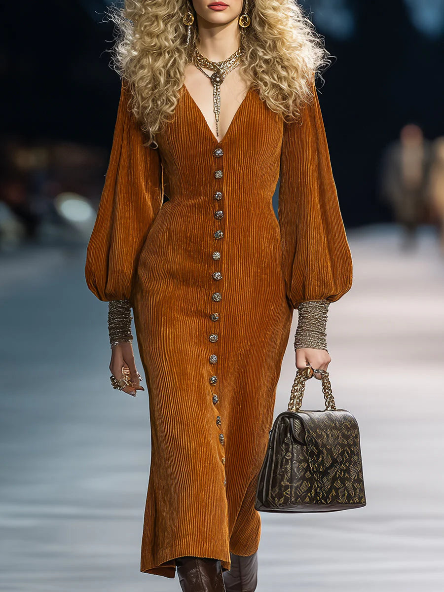 Retro Button Puff Sleeve Caramel Brown Corduroy Midi-Length Dress