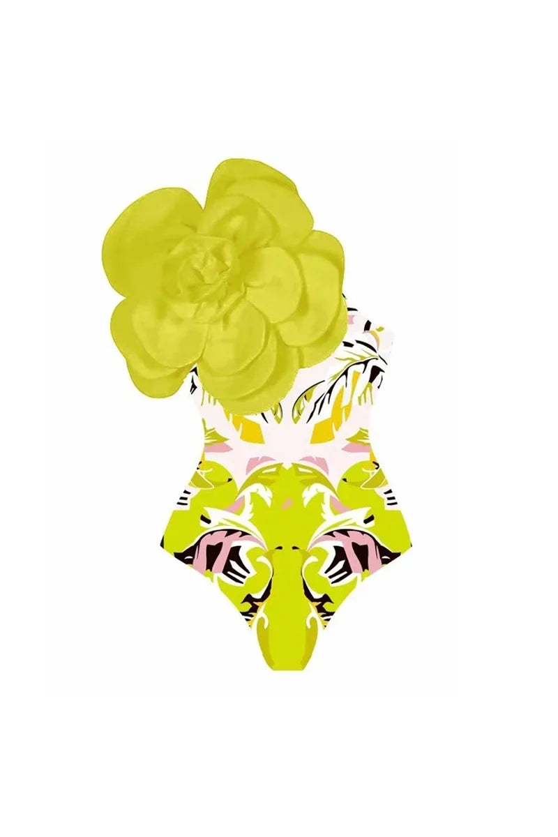 Flower Print One-Piece with 3D Yellow Flower