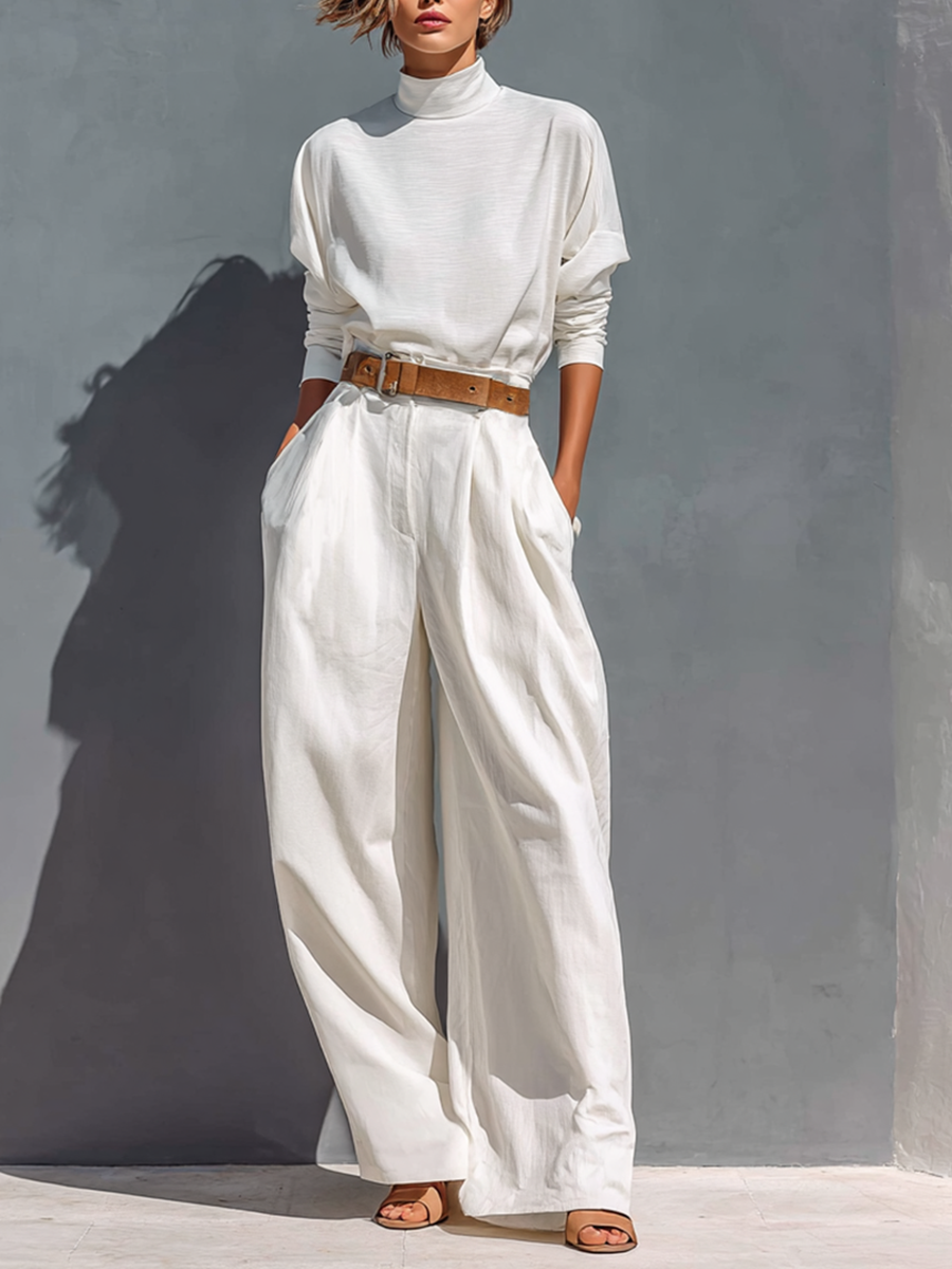 Coordinated All White Half High Neck Long Sleeve Loose T-shirt Wide Legs Two-Piece Set (Belt Not Included)