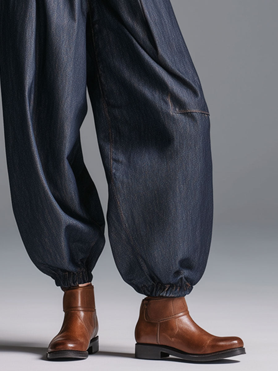 Modern Fashion Retro Elastic Waist Navy Blue Lantern Jeans
