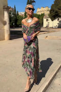 Refined V-Neck Fantasy Painted Flower Print Party Maxi-Length Dress