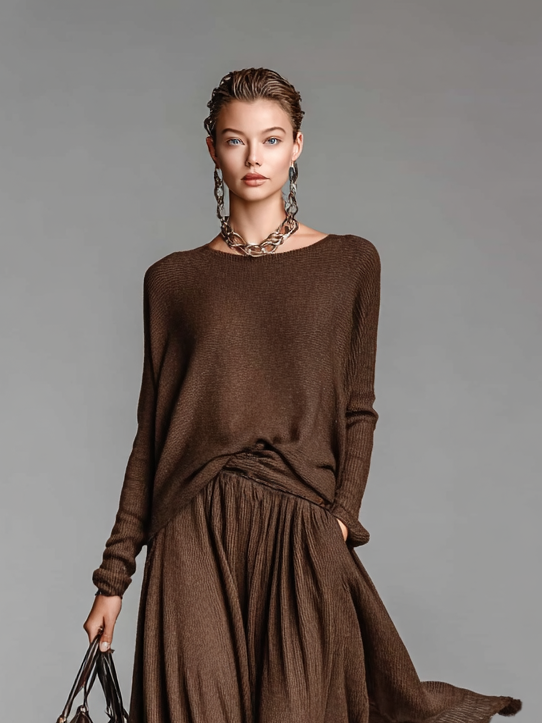 Women's Fashion Crew Neck Knitted Knit Sweater Skirt Set