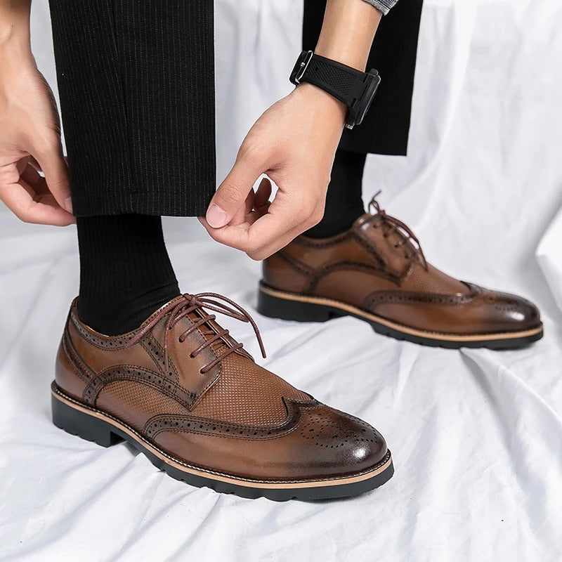 Cowhide Leather Brogue Shoes with Cushioned Insole