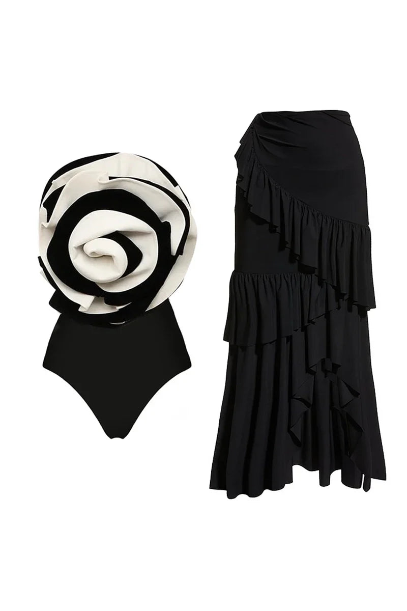 Black and White Flower Swimwear Set