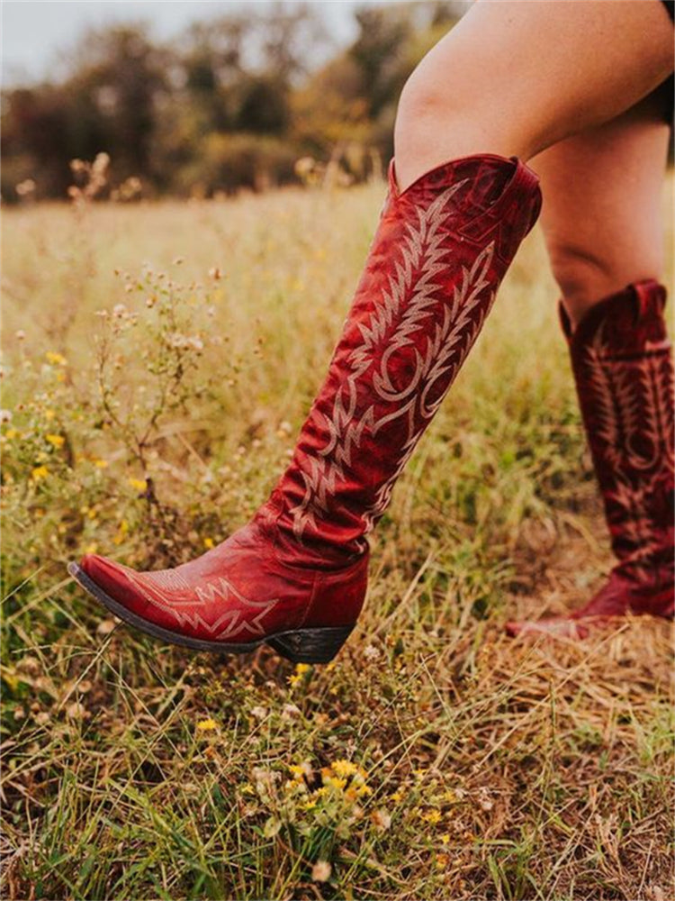 Retro Western Cowboy Embroidered Knee-High Boots