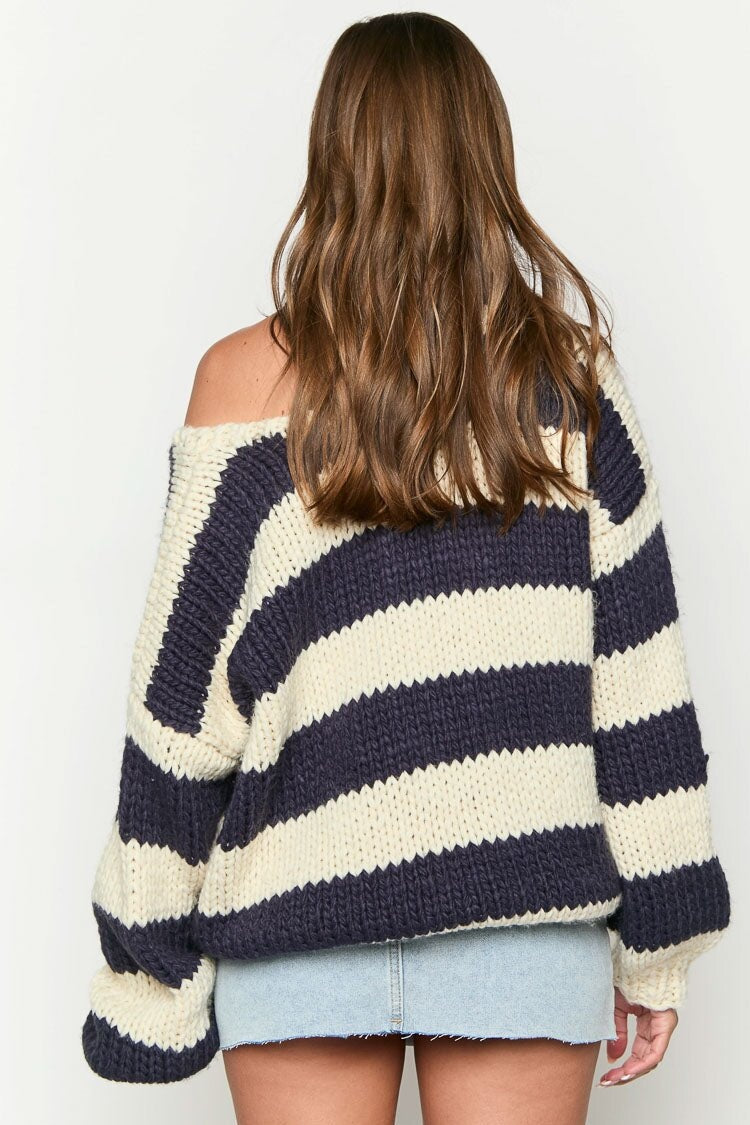 Off-shoulder Striped Knit Sweater