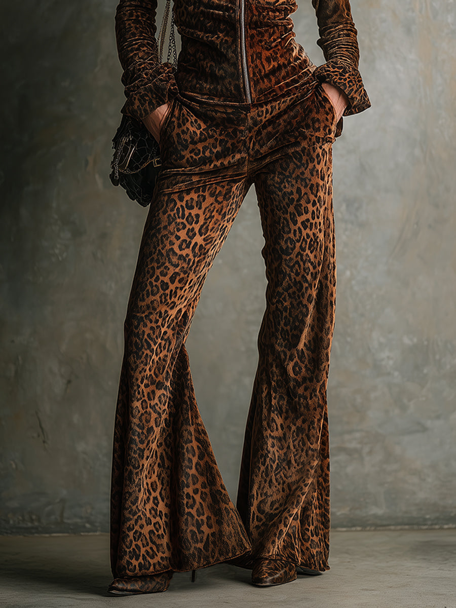 Retro Velvet Leopard Print Stand Collar Top & Flared Trousers Set