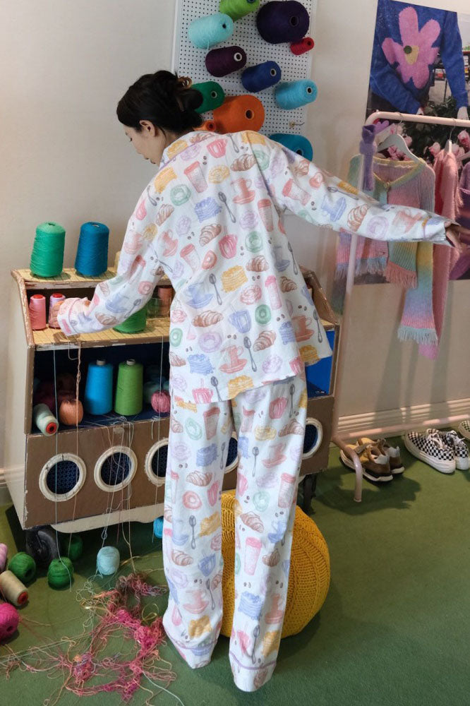 Coordinated Milk Tea & Bread Print Pajama Set