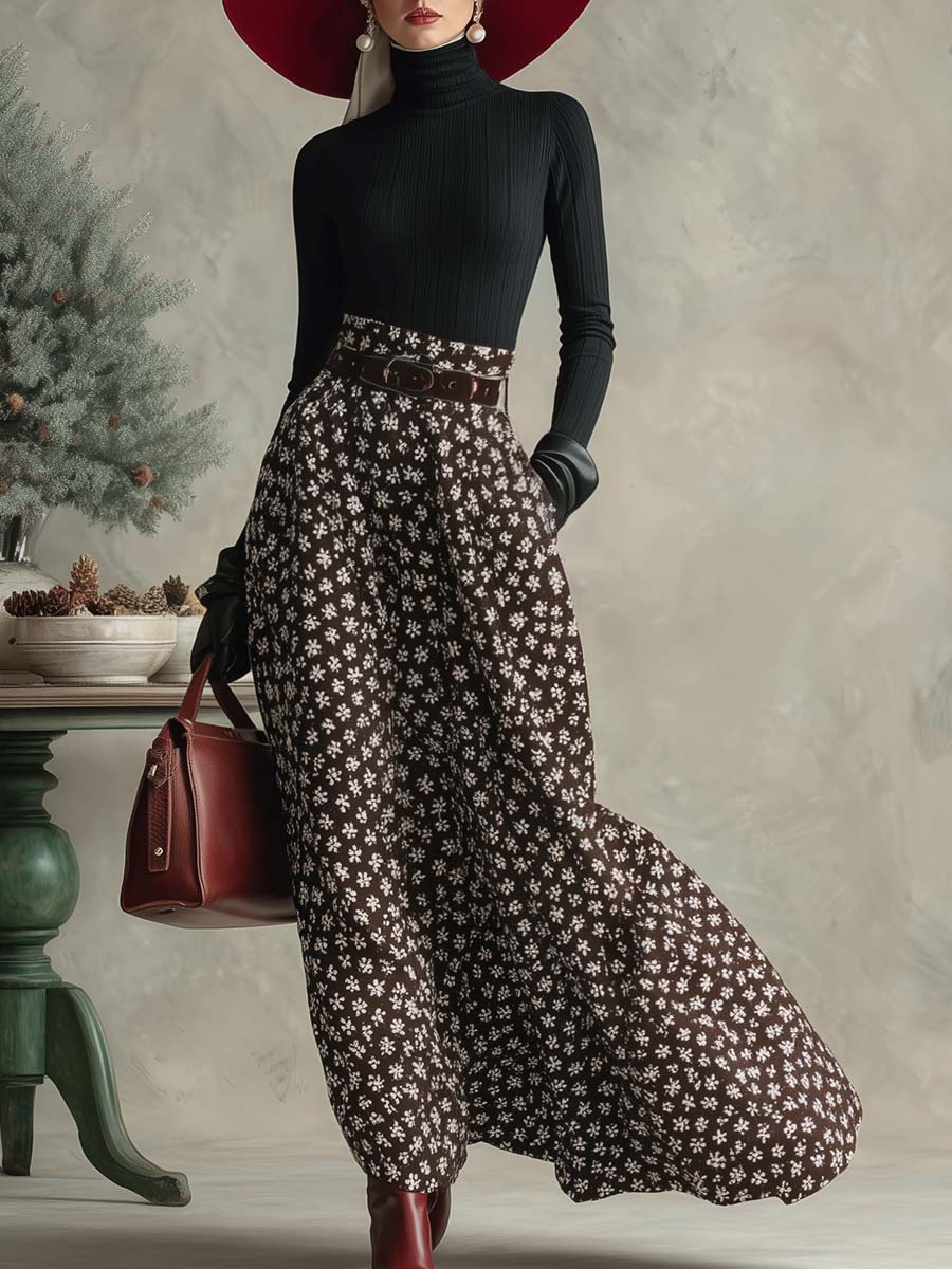 Refined Retro Black Turtleneck Top And Brown Snowflake Print Long Skirt Set