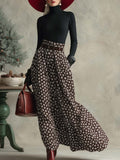 Refined Retro Black Turtleneck Top And Brown Snowflake Print Long Skirt Set