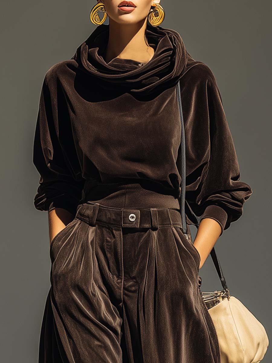 Retro Brown Velvet Hoodie And Loose-Fitting Trousers Set(Includes Belt)