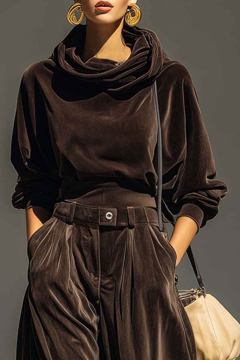 Retro Brown Velvet Hoodie And Loose-Fitting Trousers Set(Includes Belt)