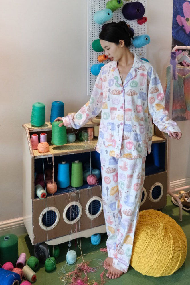 Coordinated Milk Tea & Bread Print Pajama Set