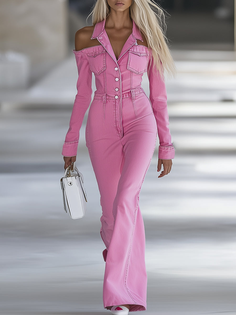 Modern Fashionable Personalized Lapel Pink Denim Off-the-shoulder Long-sleeved Flared Jumpsuit