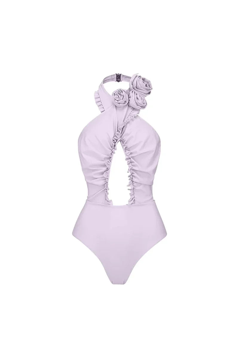 3D Flower Halter Open-Back Swimwear Set