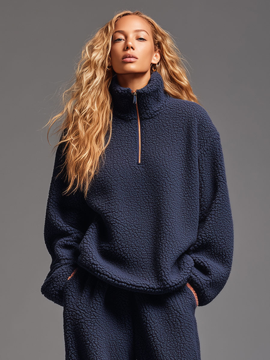 Relaxed Navy Blue Polar Fleece Half-zip Sweatshirt Trousers Sports Set