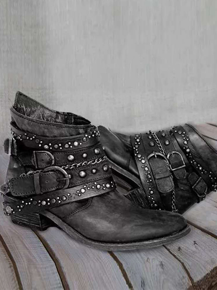 Retro Washed Studded Buckles Ankle Boots