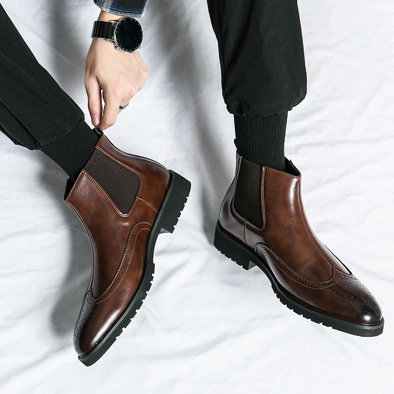 Leather Chelsea Boots with Brogue Detailing and Shock-Absorbing Sole