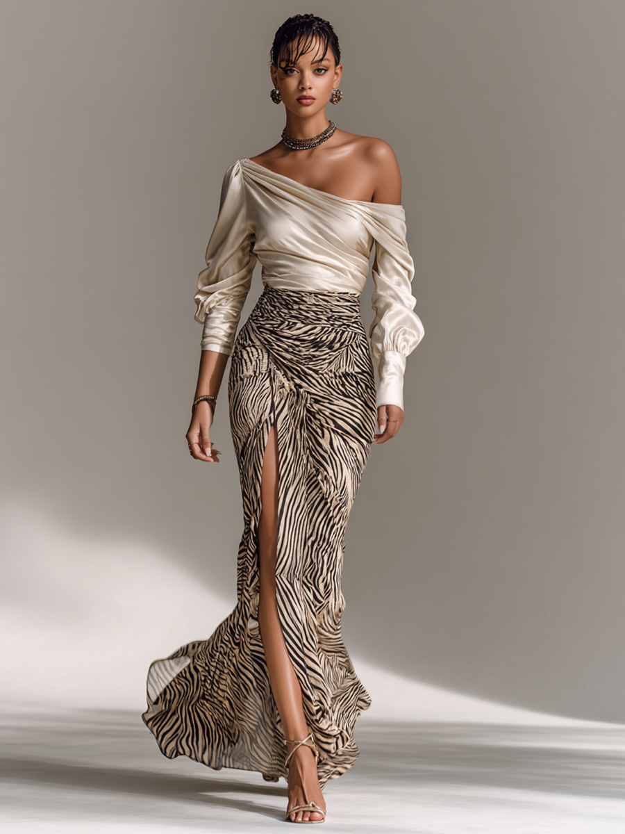Coordinated Women's Satin Off-shoulder Long-sleeved Top With Zebra Print Hip-wrapped Slit Skirt Two-Piece Set
