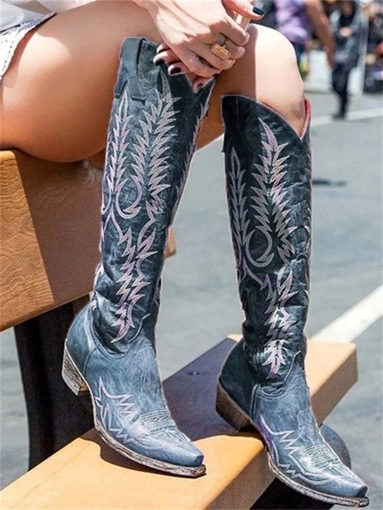 Retro Western Cowboy Embroidered Knee-High Boots