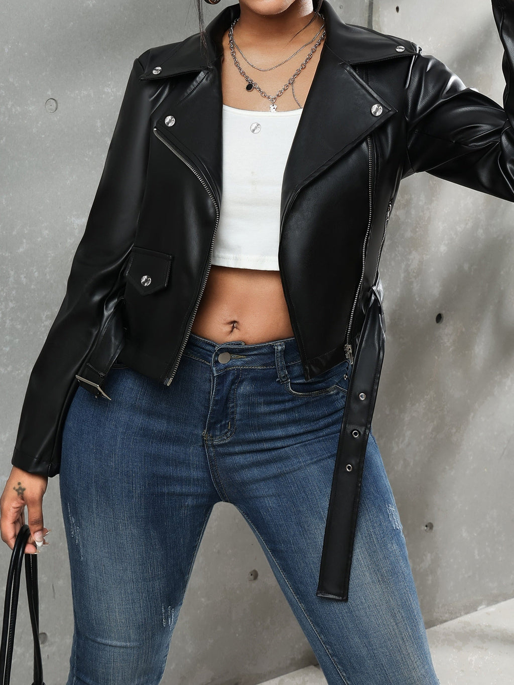 Black Leather Jacket with a Belt