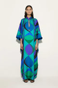 Modern Psychedelic Swirling Iride Satin Kaftan