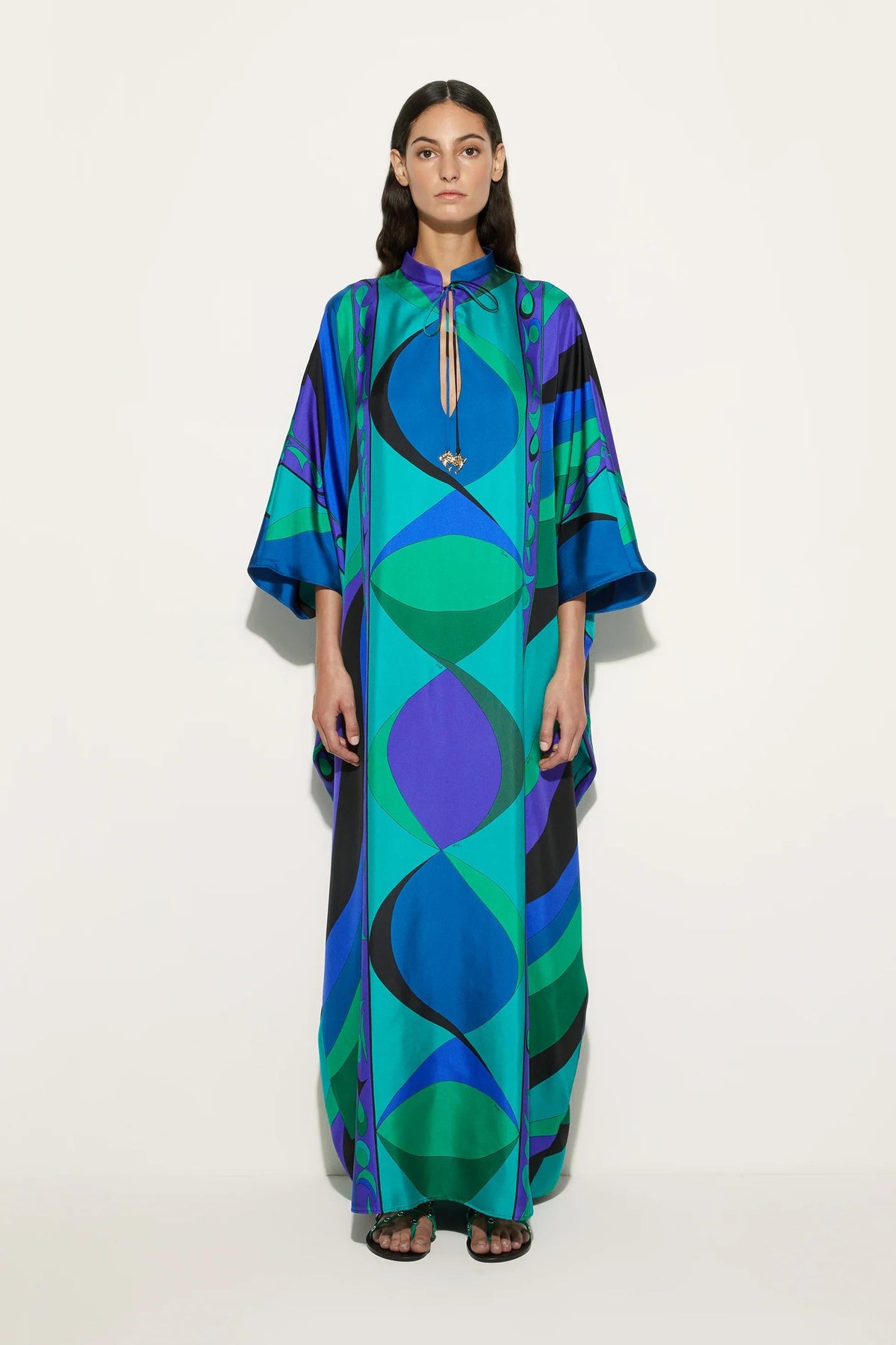 Modern Psychedelic Swirling Iride Satin Kaftan
