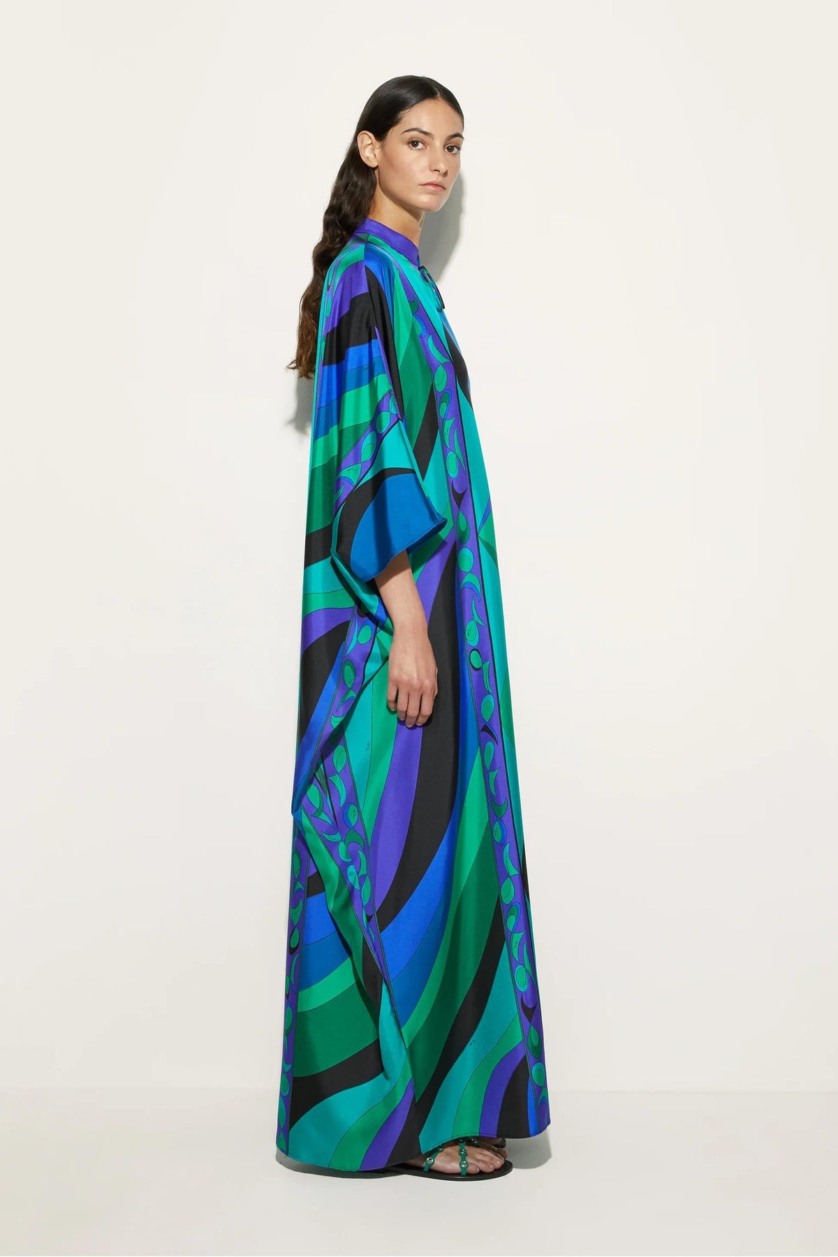 Modern Psychedelic Swirling Iride Satin Kaftan