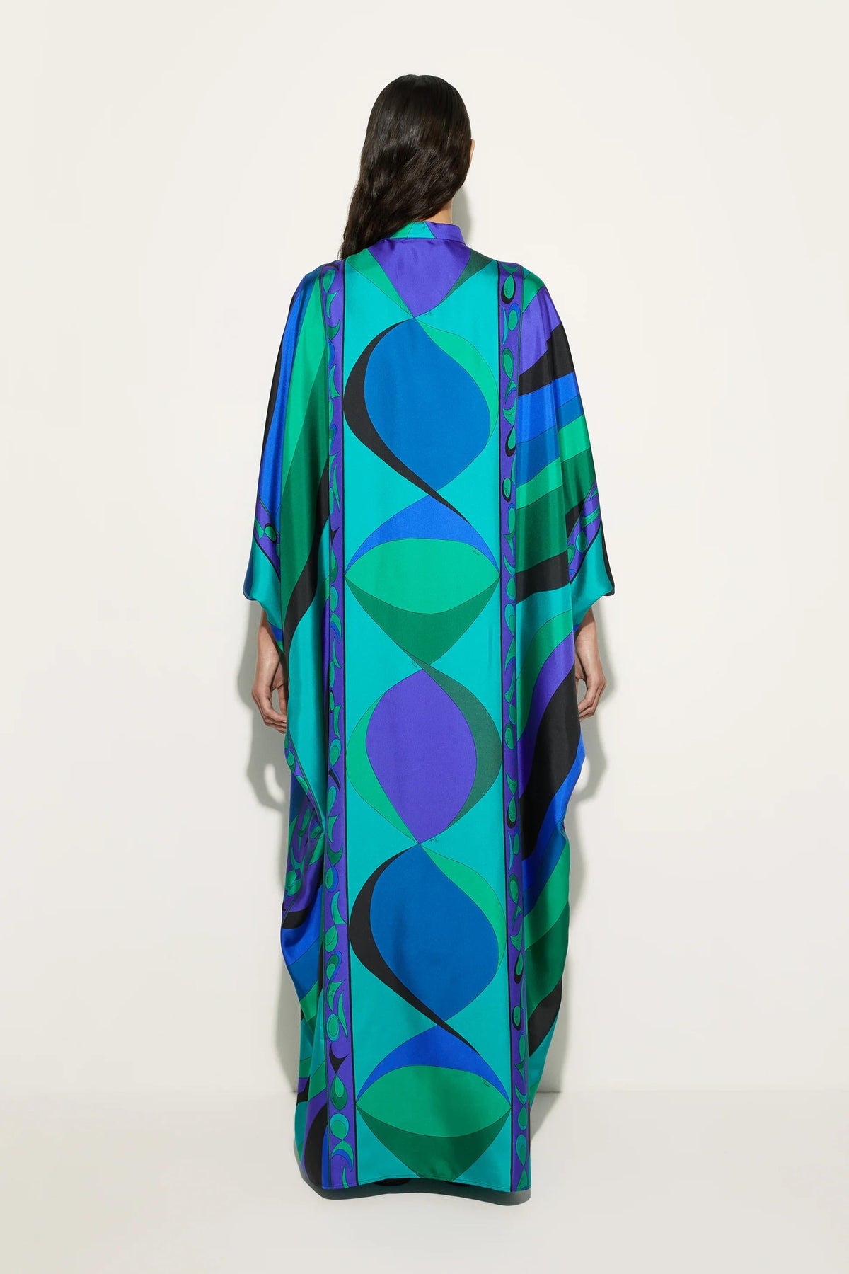 Modern Psychedelic Swirling Iride Satin Kaftan