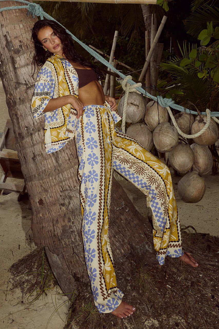 Flower Long Sleeve Tie Waist Vacation Set