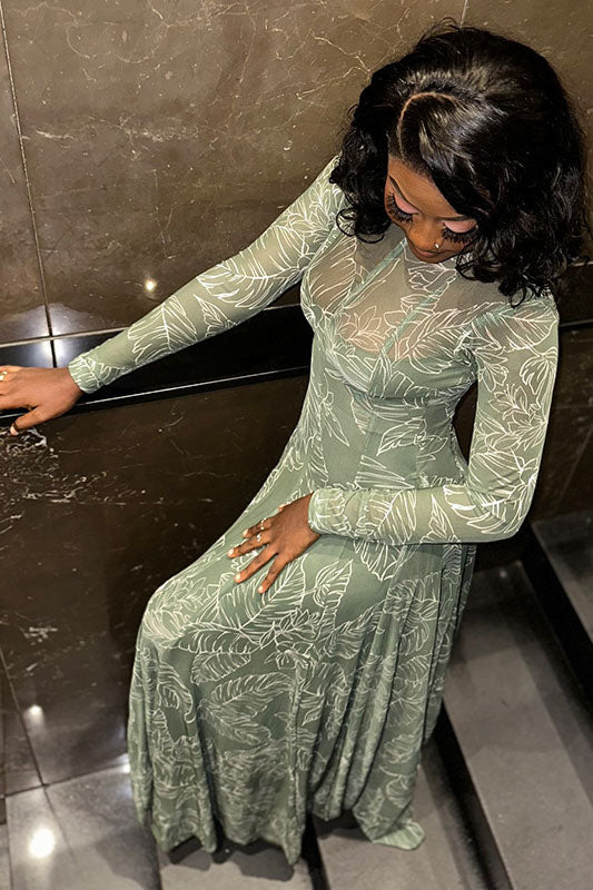 Botanical Print Sheer Mesh Maxi-Length Dress