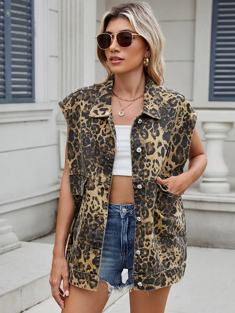 Denim Vest with Leopard Print and Button Closure