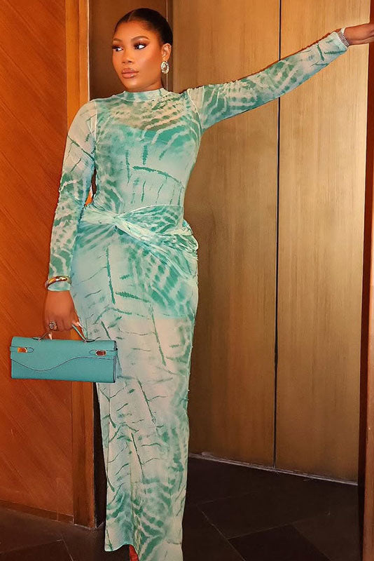 Artistic Teal Tie-Dye Sheer Turtleneck Maxi-Length Dress