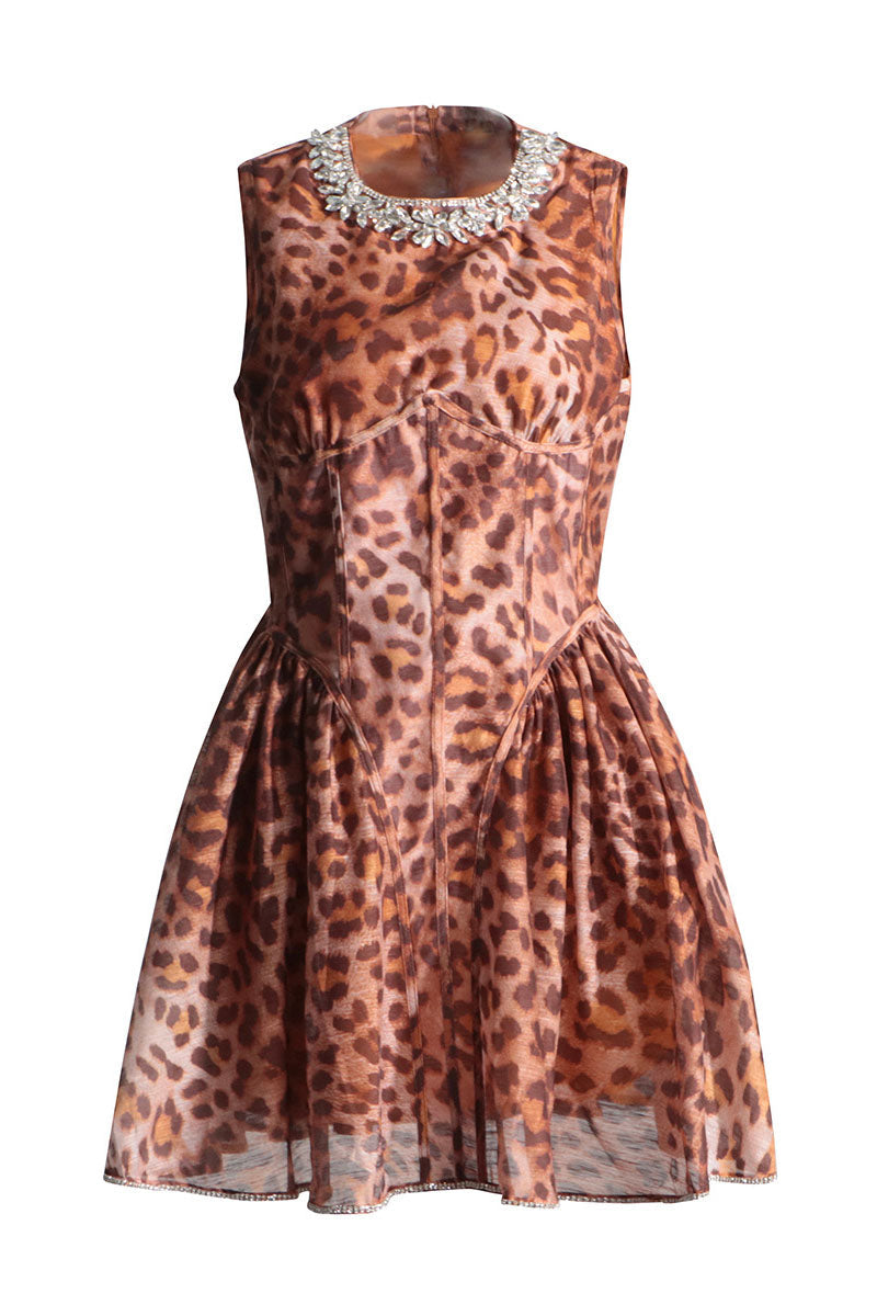 Leopard Print Crew Neck Crystal-Detail Dress