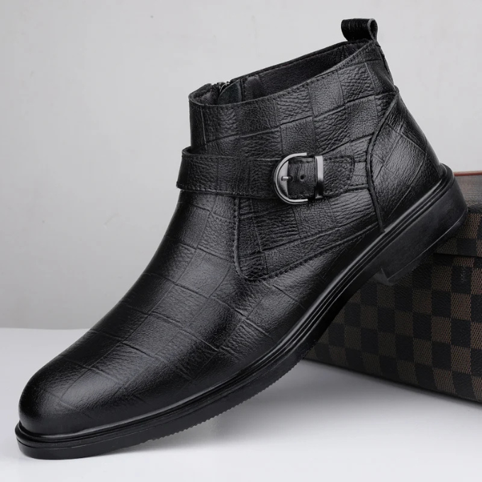 Full-Grain Leather Boots with Buckle Strap