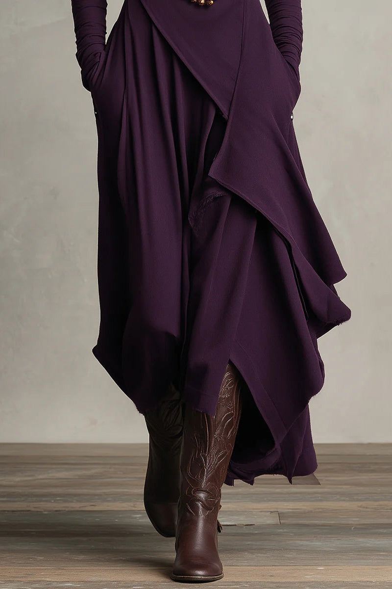 Purple High-neck Asymmetrical Pleated Maxi-Length Dress