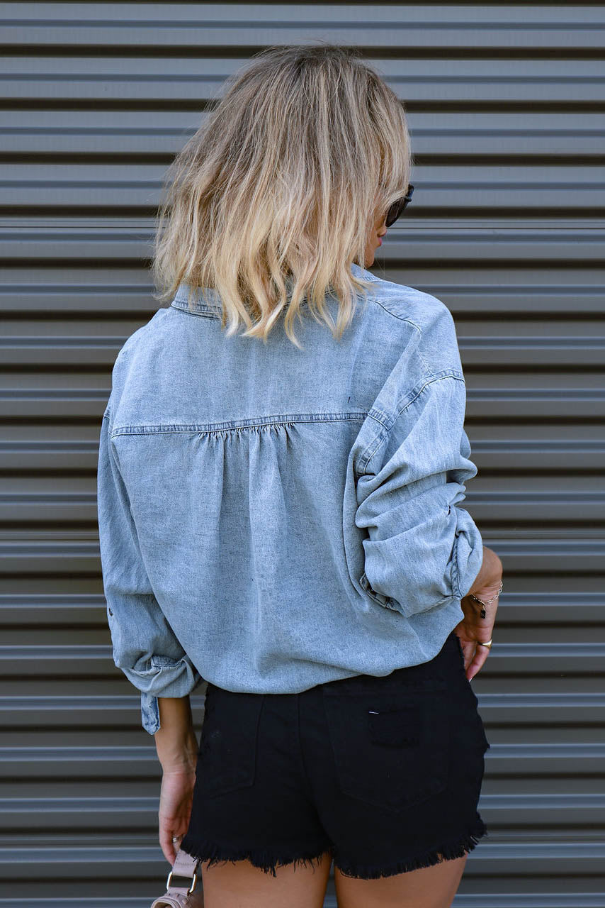 Modern Denim Pocket Front Tie Shirt