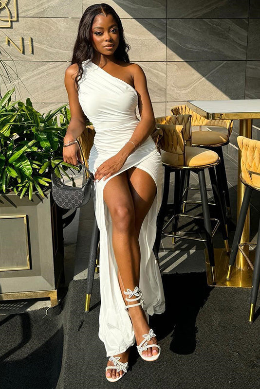 One-Shoulder Ruched High-Slit Maxi-Length Dress