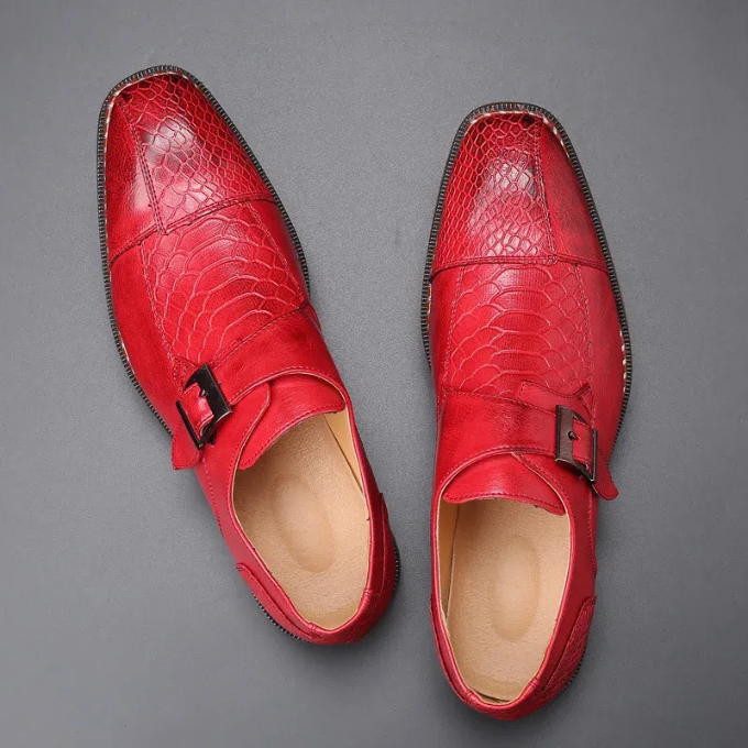 Full-Grain Leather Monk Strap Shoes with Embossed Texture