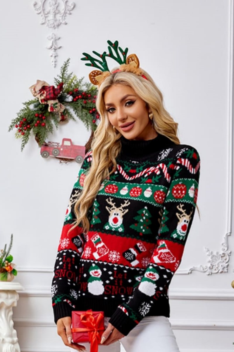 High Neck Christmas Snowman Embroidery Knit Sweater