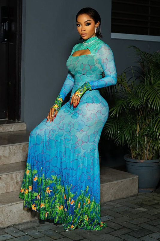 Underwater Print Mermaid Maxi-Length Dress