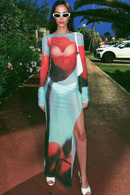 Abstract Print Sheer Maxi-Length Dress