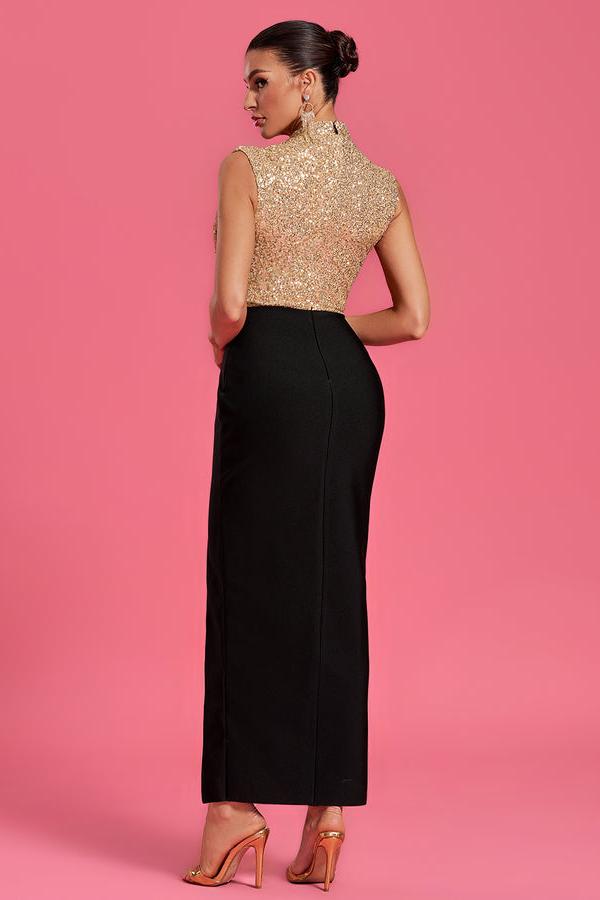 Sequined Contrast Maxi-Length Dress