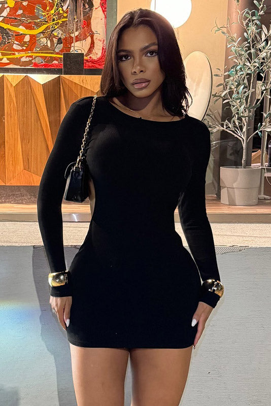 Edgy Solid Open-Back Mini-Length Dress
