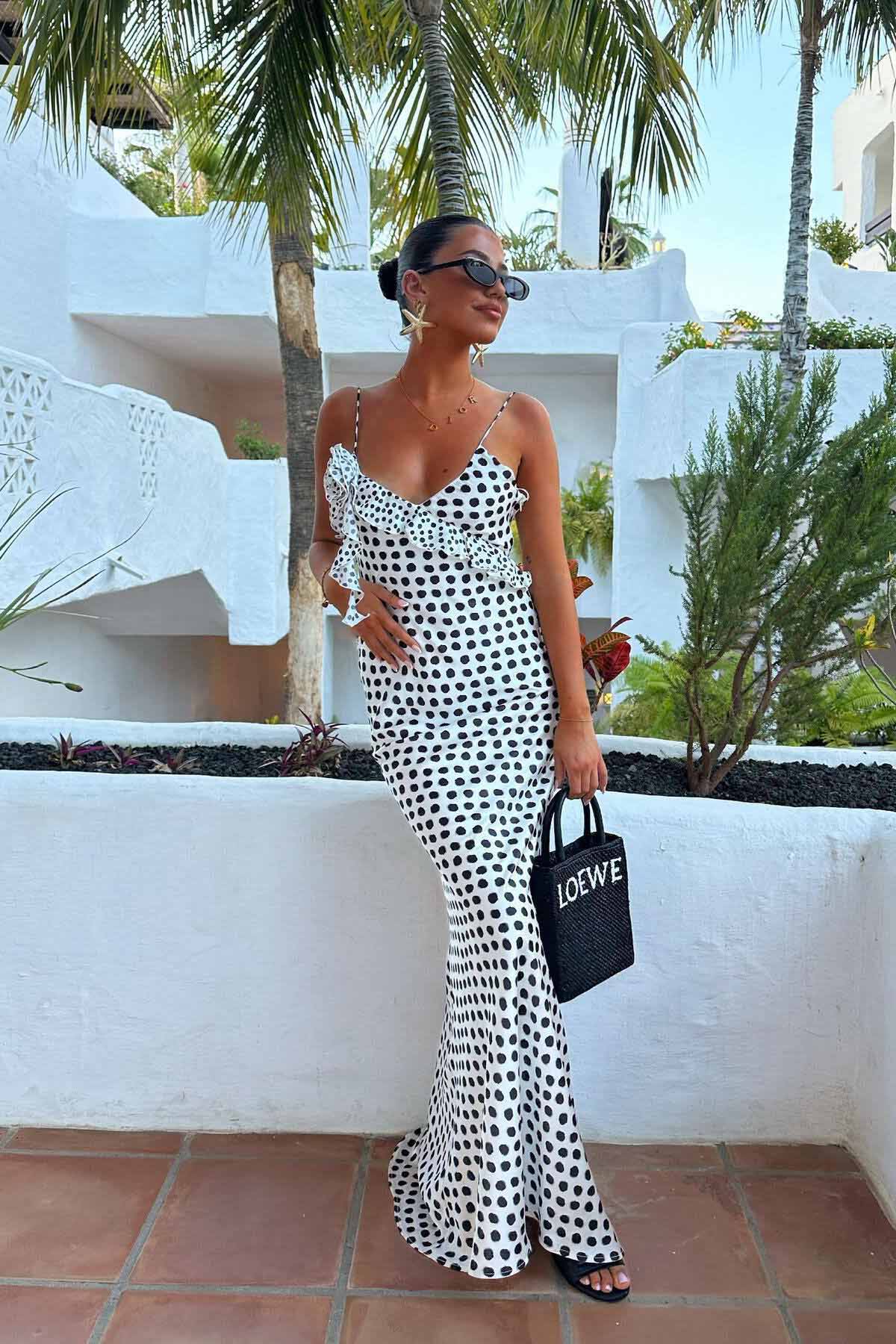 Fantasy Polka Dot Print Guipure Ruffled Suspender Maxi-Length Dress
