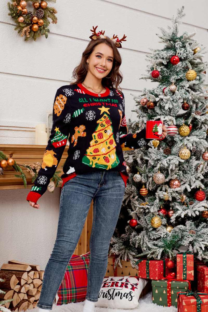 Relaxed Crew Neck Embroidered Christmas Tree Knit Sweater