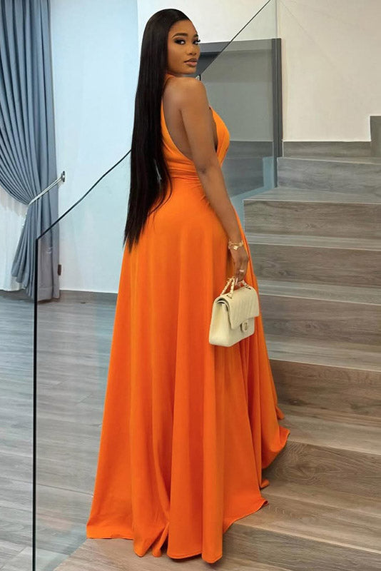 European & American Style Ruched Maxi-Length Dress